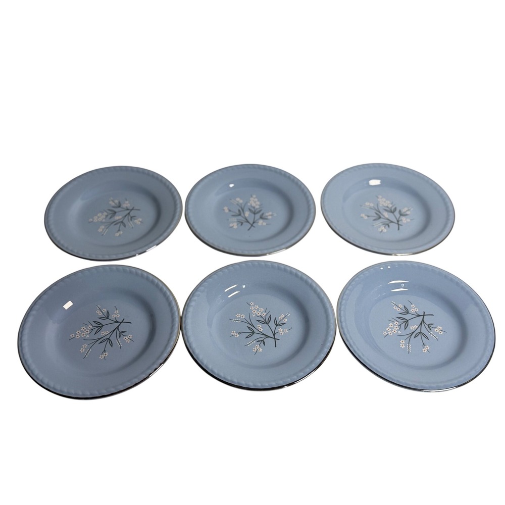 VTG Homer Laughlin Kraft Blue Bread Plates Set of 6 Floral Silver Trim USA 6.25"